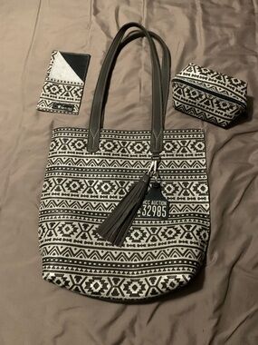 Holy Cow Couture Market Tote, Black and White Aztec Leather with Tassel Charm